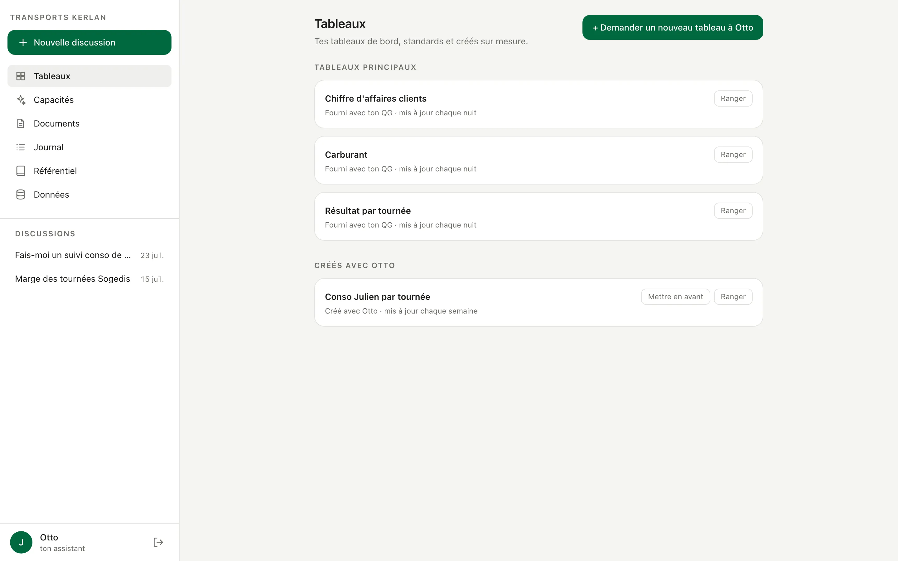 La page Tableaux : les suivis sur mesure du transporteur, épinglés et exportables.